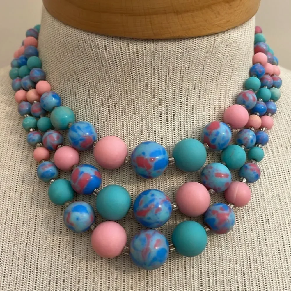 Vintage Japan Three Strand Pastel Candy Colored Beaded Necklace